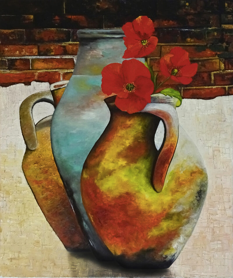 The wall with three jugs and three poppies – oil on canvas