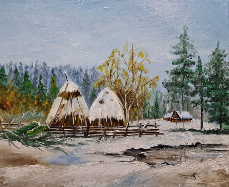 Village winter house – oil on canvas