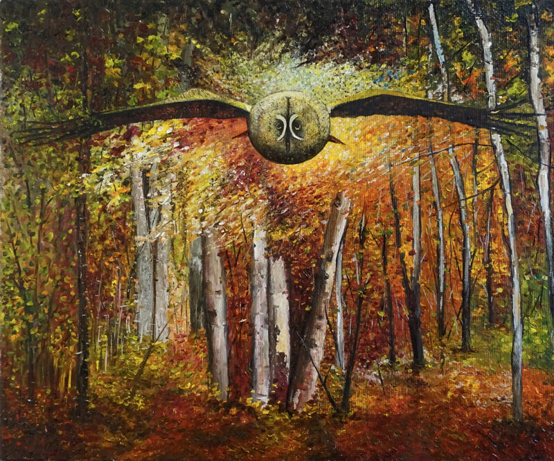 Flying owl in the forest – oil on canvas